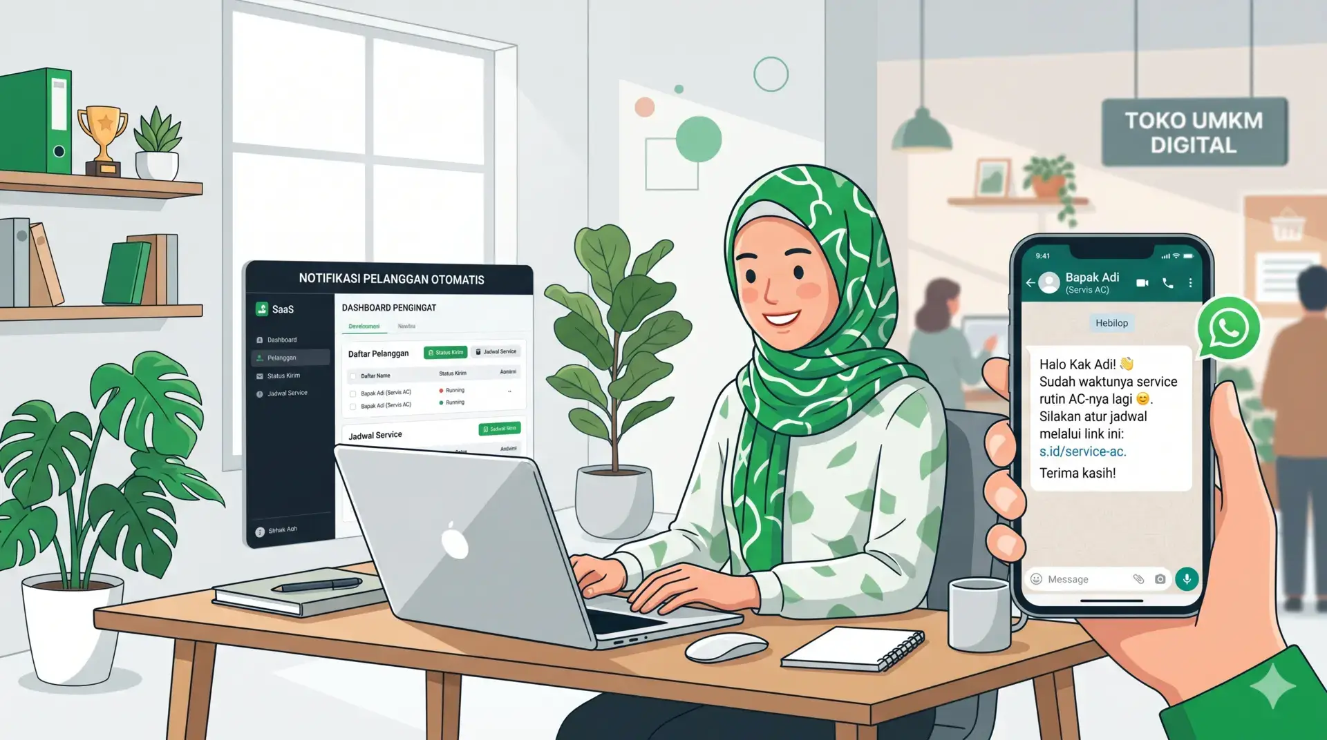Ilustrasi bisnis menggunakan WhatsApp reminder otomatis untuk pelanggan